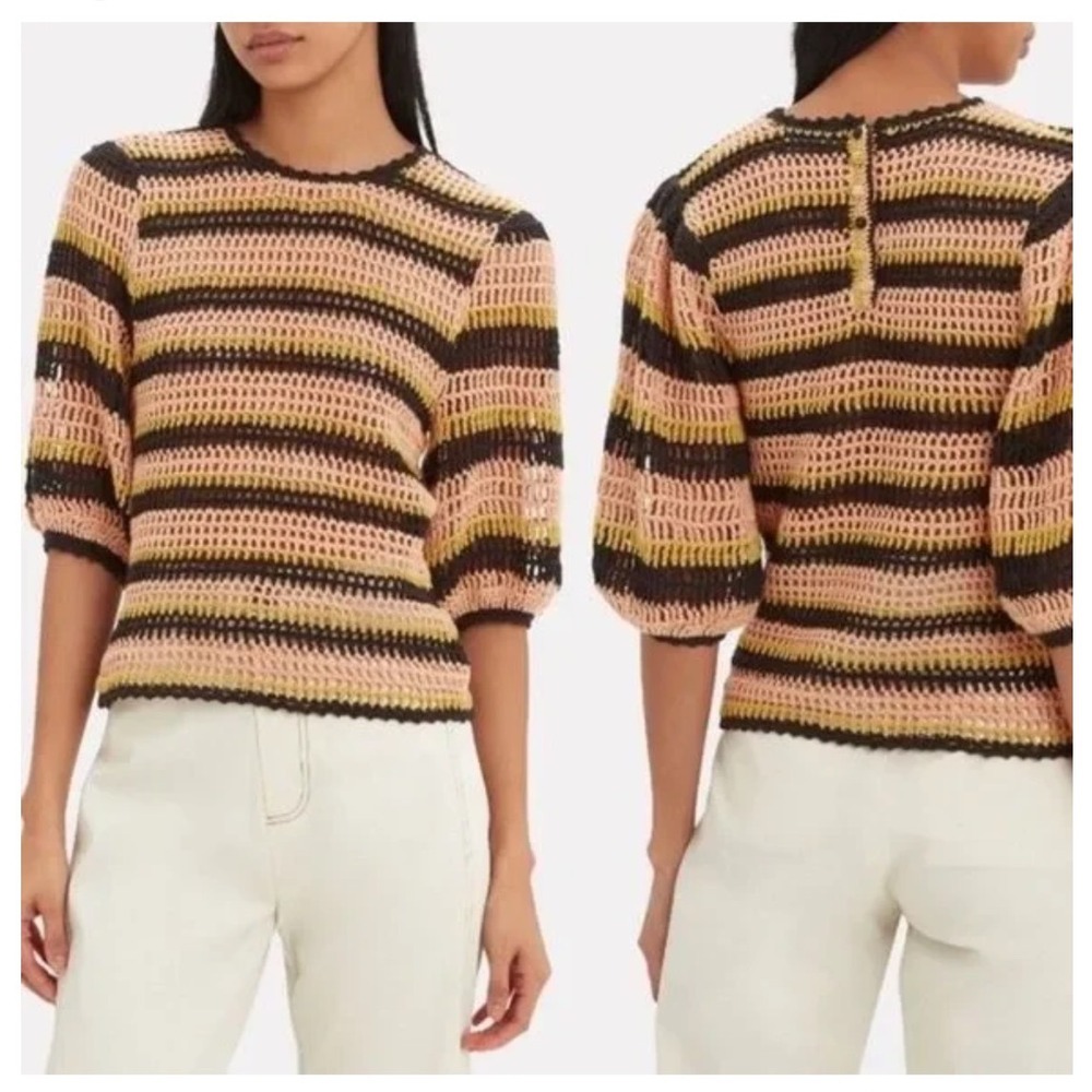Ulla‎ Johnson Amata Crochet Knit Striped Puff Sleeve Top Pink Yellow Black CS p